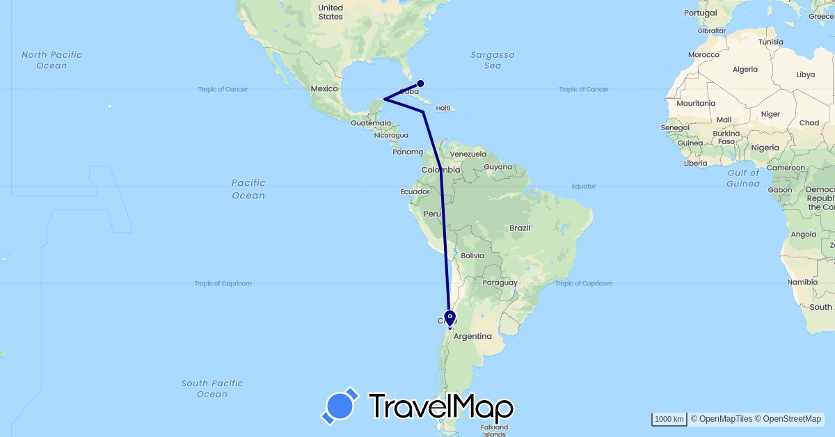 TravelMap itinerary: driving in Bahamas, Chile, Colombia, Jamaica, Mexico (North America, South America)